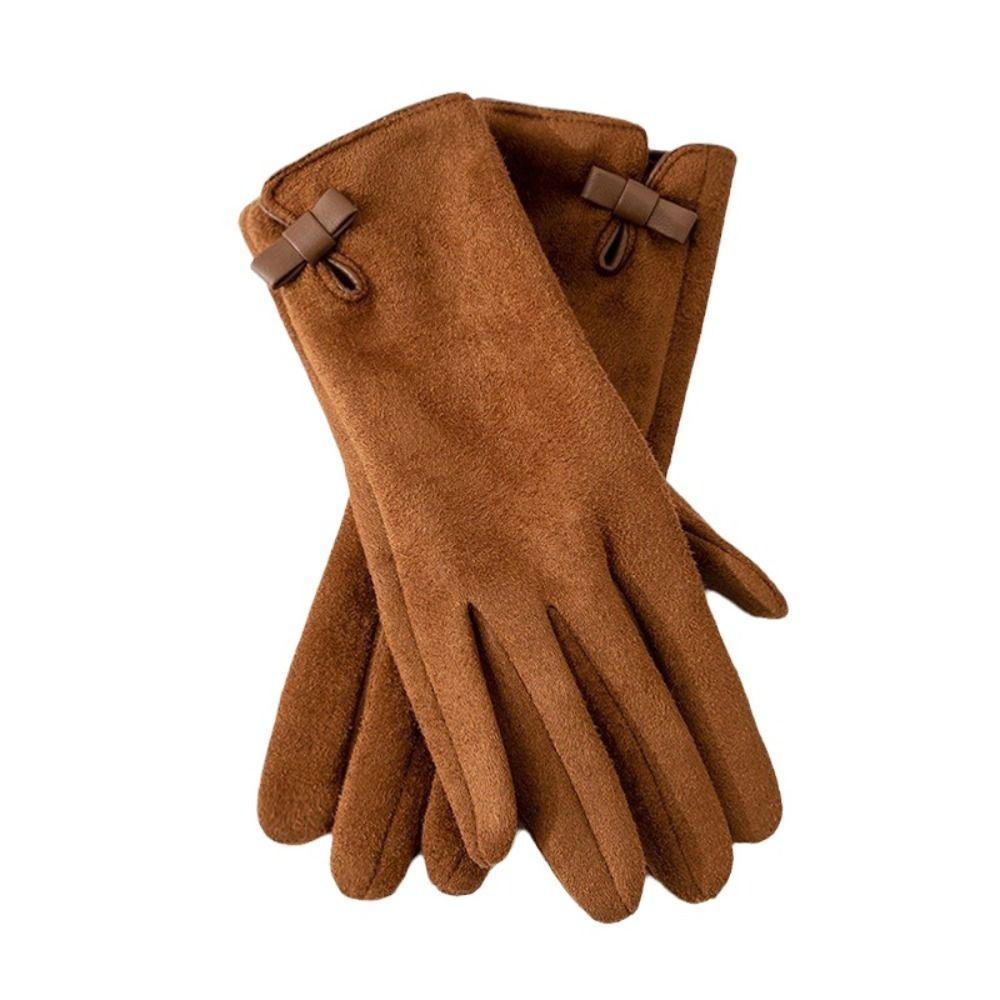 Velvet Winter Bow Suede Gloves Soft Women Cycling Mittens Cute Pu Leather Gloves  Outdoor