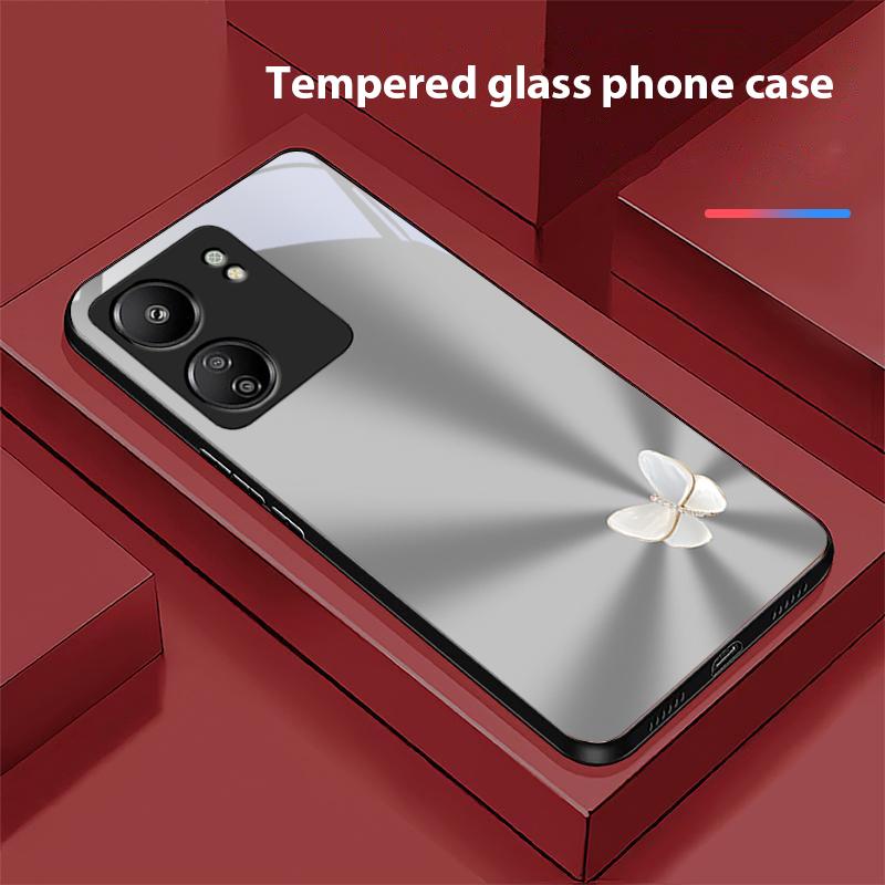 Gradient White Butterfly For Xiaomi Redmi 13C Note13 12 Pro Plus 5G Note 9 13T Pro POCO X6 F5 F6 Black Tempered Glass Phone Case