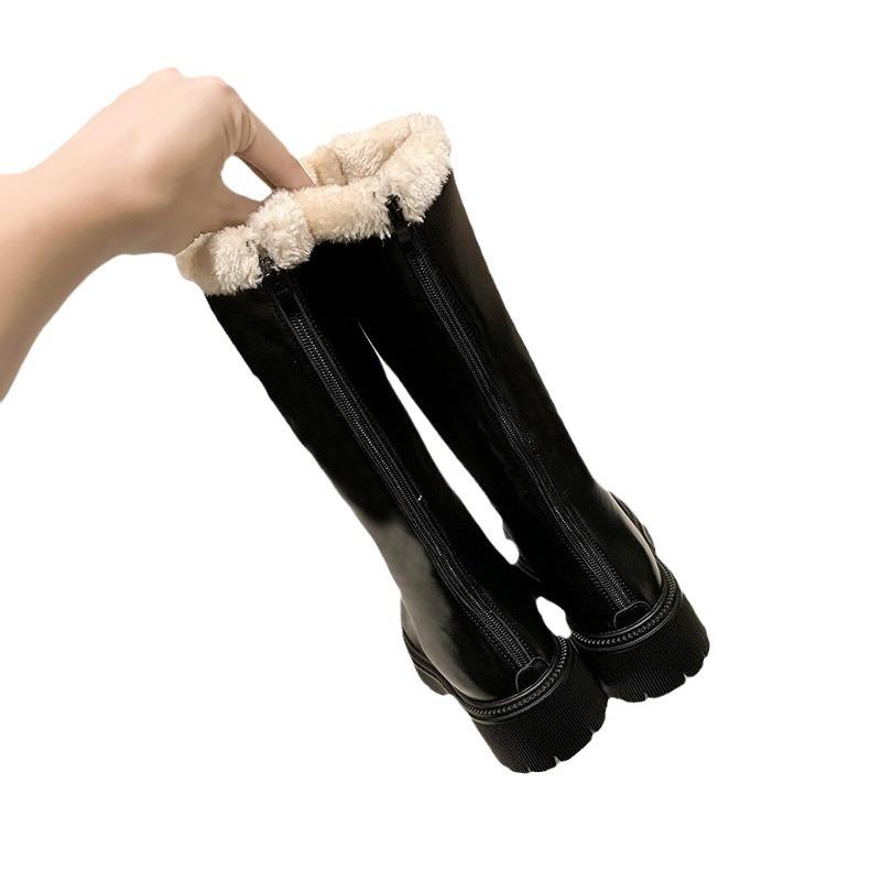 Stivali invernali 2025 da commercio estero in velluto ispessito medi e lunghi con suola spessa caldi in pelle tinta unita con cerniera posteriore taglie grandi stivali da donna