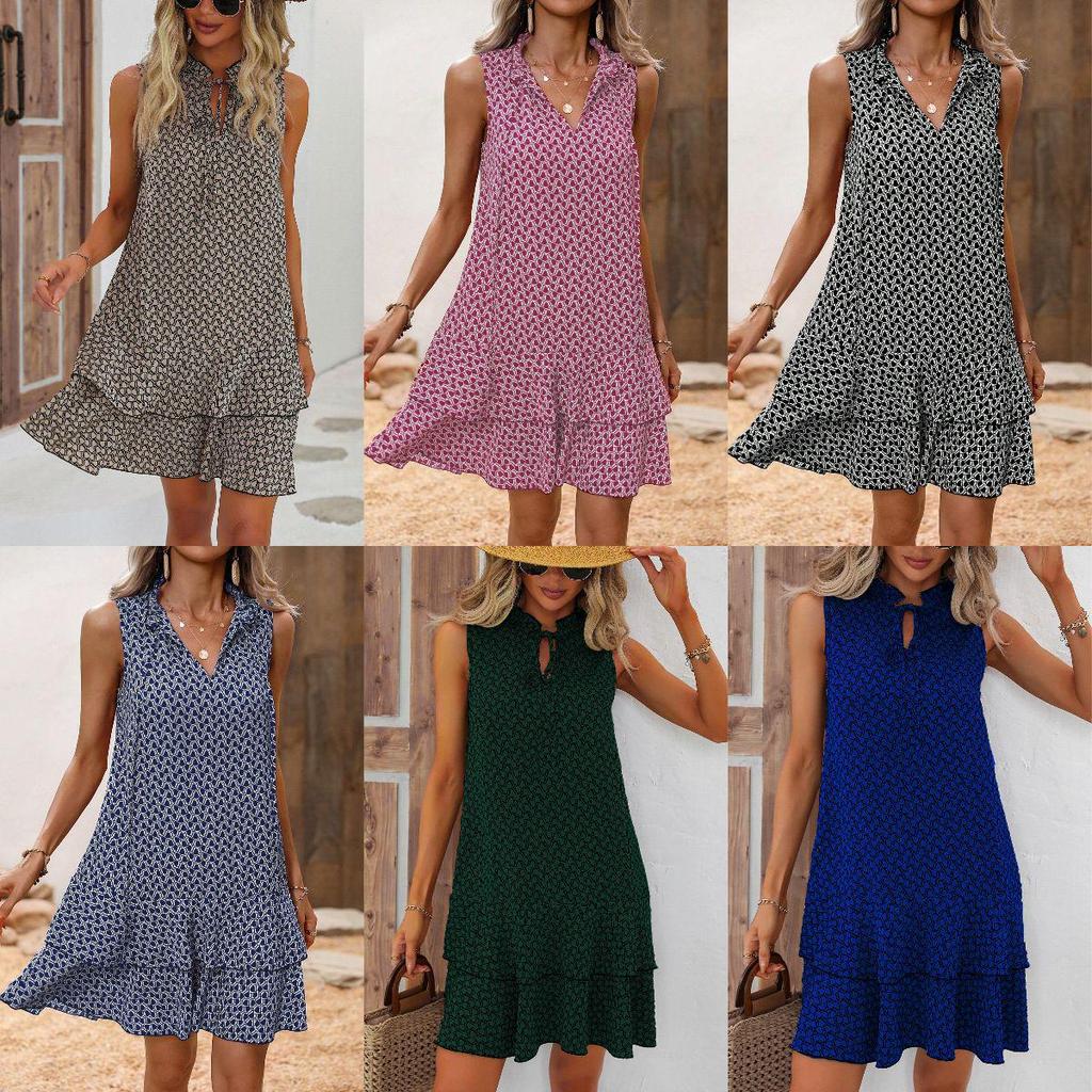 European and American Printed Bow Tie Short Lace Dress