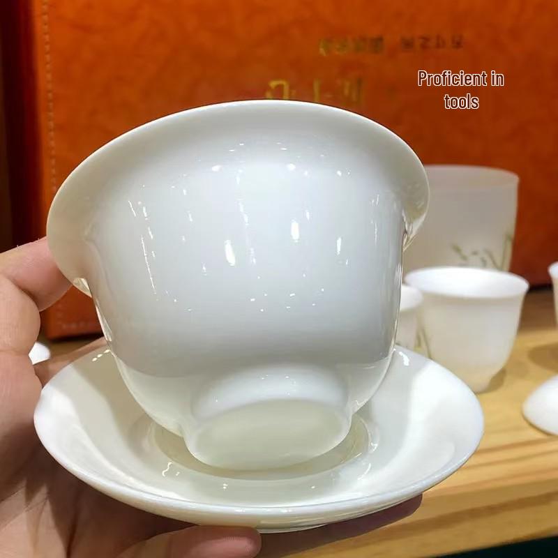Lamb Fat Jade 180ml Pure White Gaiwan Set for Tea Brewing - Smooth, Quality Three-Piece Household Tea Cup