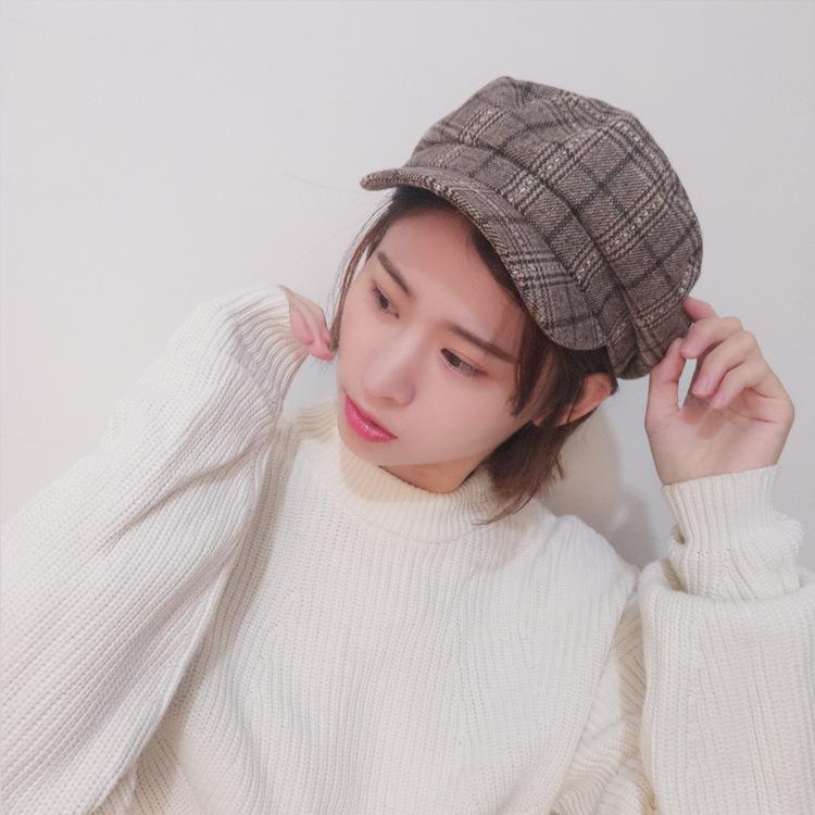 Literary and Retro Plaid Woolen Star Anise Hat Trendy Men and Women Autumn and Winter Warm Versatile Cap Painter Hat