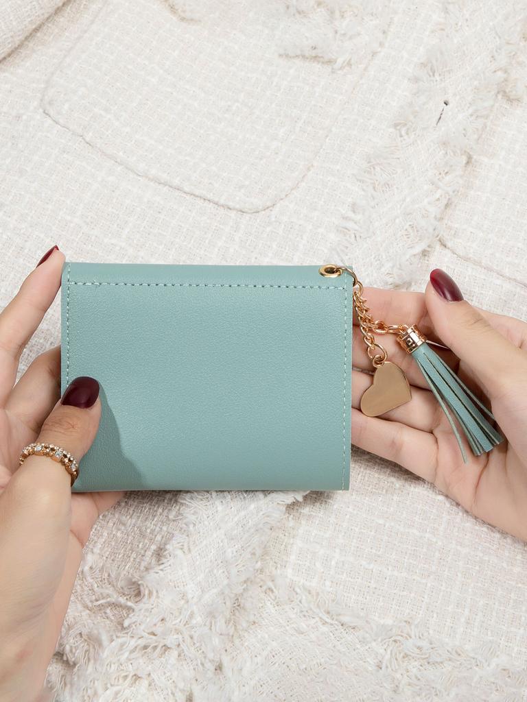 Modische, ultradünne, dreifach gefaltete Handgeldbörse, minimalistischer Kreditkartenhalter, einfarbiger Quastenanhänger, kurze Damenbrieftasche