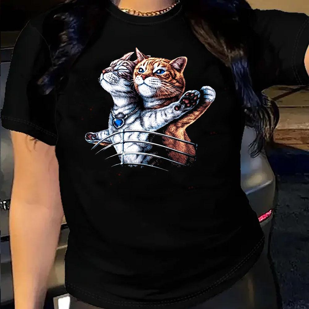 

Cute Cat Fashion Harajuku Style Pure Cotton Printed Women s Round Neck Short Sleeved T-shirt 2XL