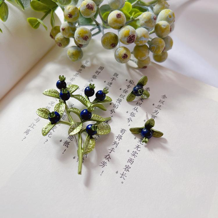 Blueberry Lapis Lazuli Mori Style Enamel Brooch & 925 Silver Earrings/Clips