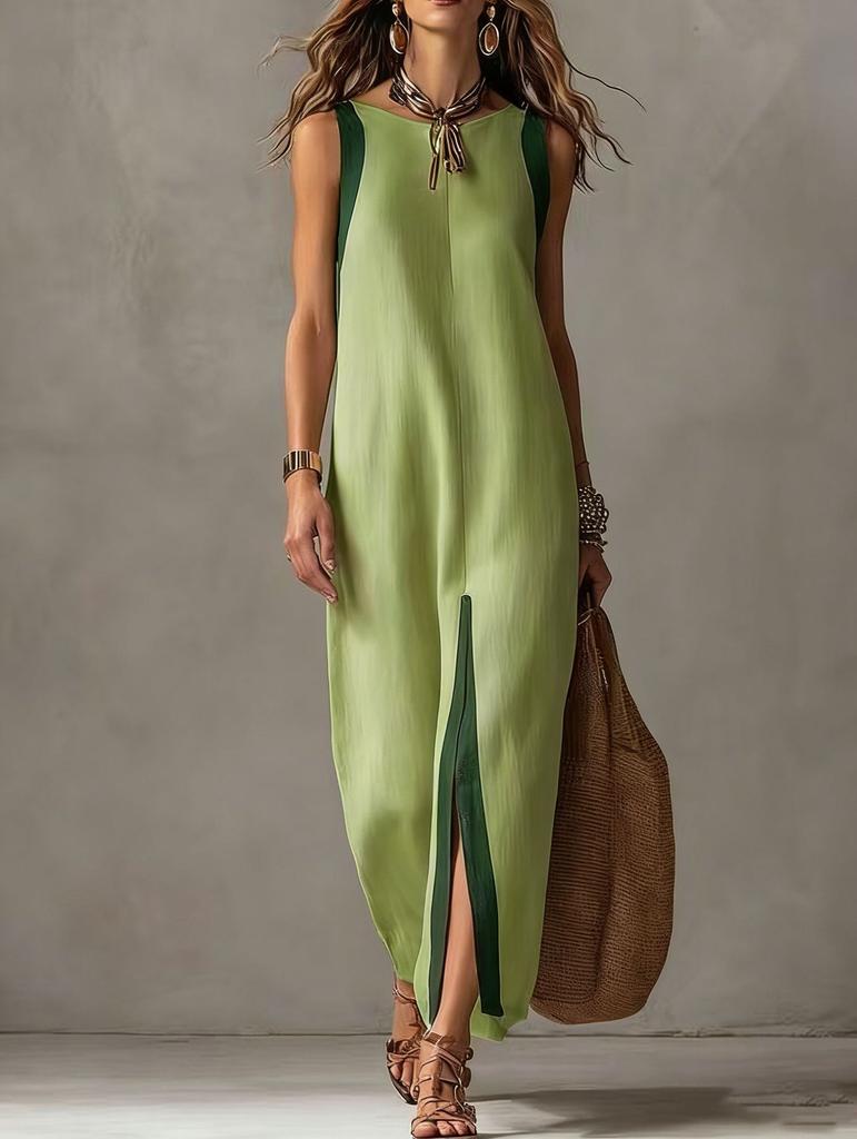 Amazon 2026 cross-border European and American summer new women's casual temperament sleeveless contrasting color split linen dress
