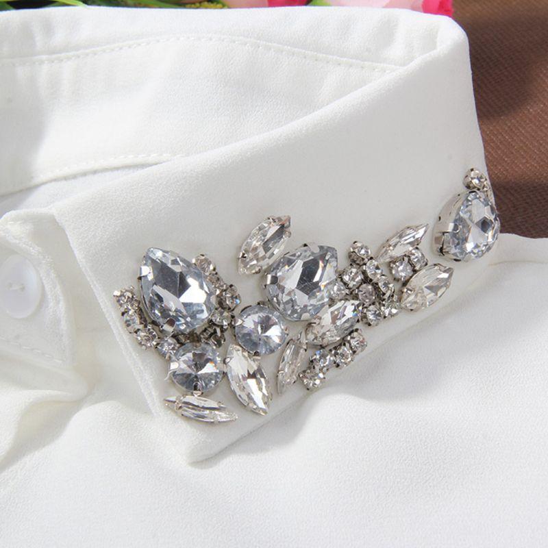 Ladies Women Water Drop Imitation Crystal Chiffon Fake Collars Jewelry Rhinestone Lapel Detachable Button Down Half-Shirt Blouse