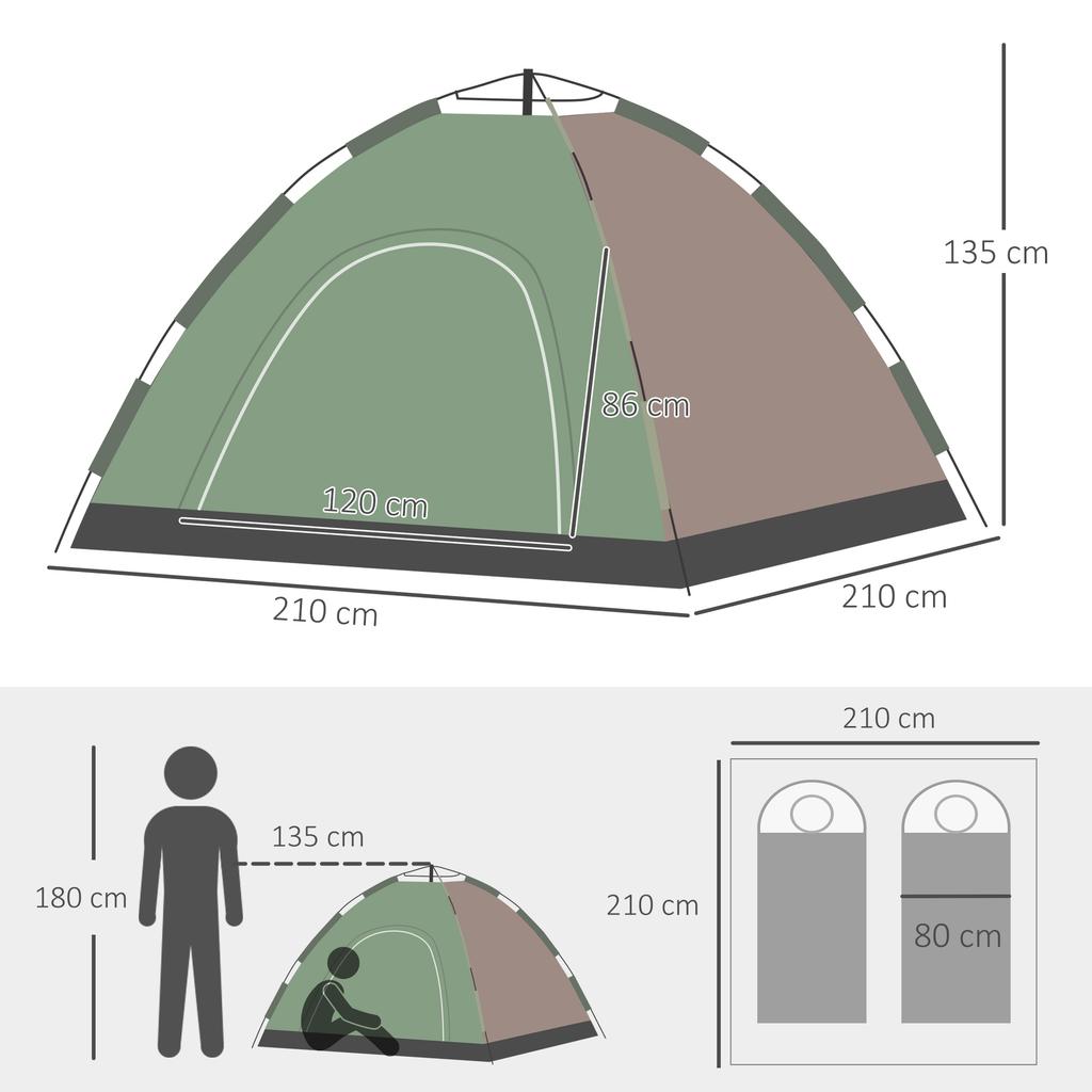 2-Person Camping Tent with Carry Bag, Lamp Hooks and Storage Pockets, 210x210x135 cm