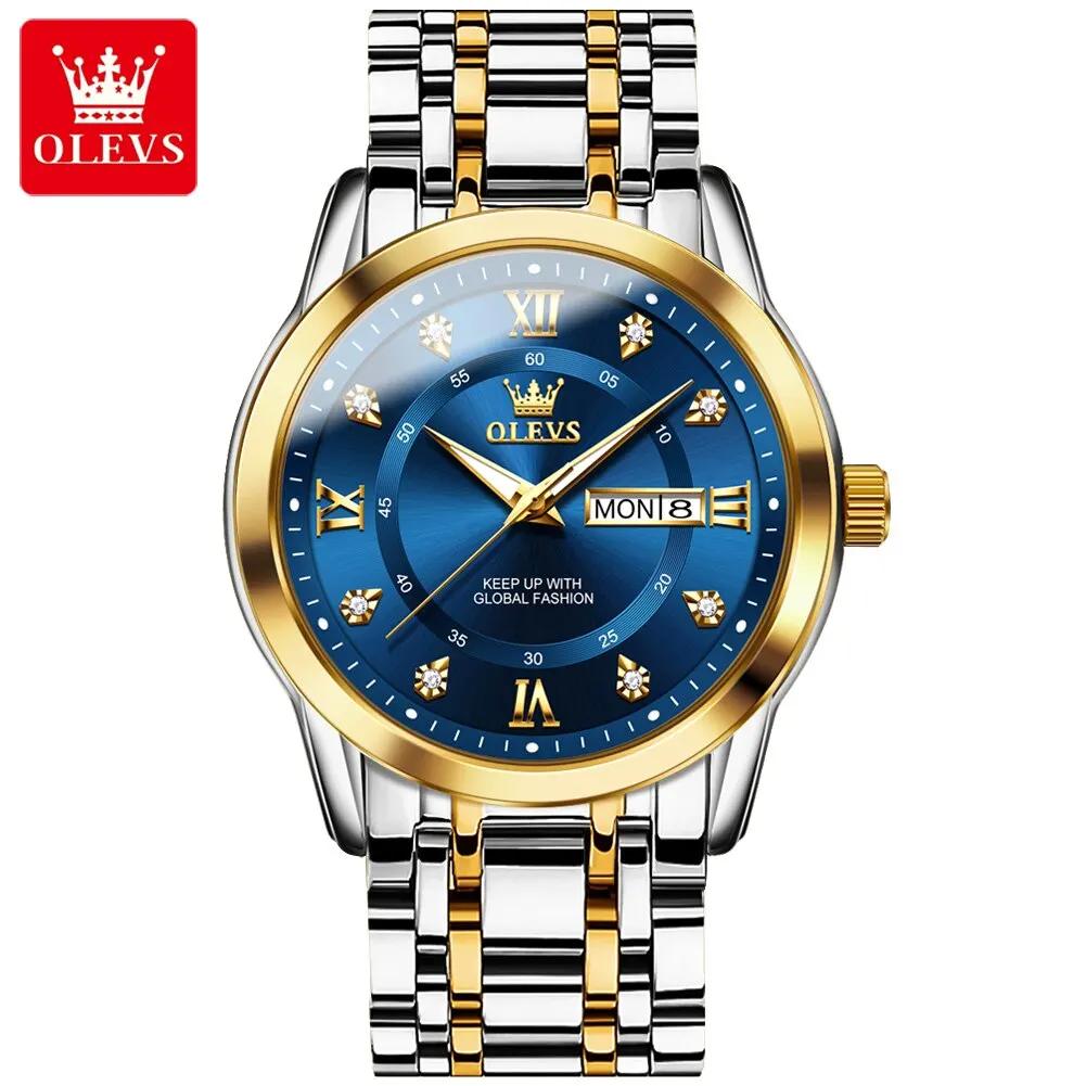 OLEVS Quarzuhr für Herren, Luxus-Diamanten, Golduhr, wasserdicht, leuchtend, Edelstahl, Business-Herren-Quarzuhren