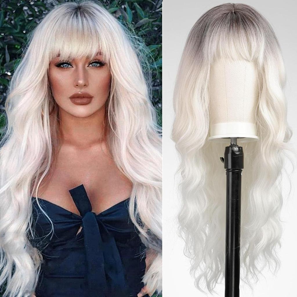 Cross-Border Water Wave Wigs European American Women's Fashionable Synthetic Hair Wig Brown Gradient Color Bangs Long Curly Hair