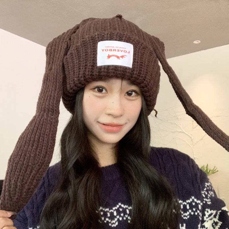 Trendy Brand Design Niche Personalized Rabbit Ears Wool Hat Women's Autumn and Winter Warm Ear Protection Hat Knitted Hat