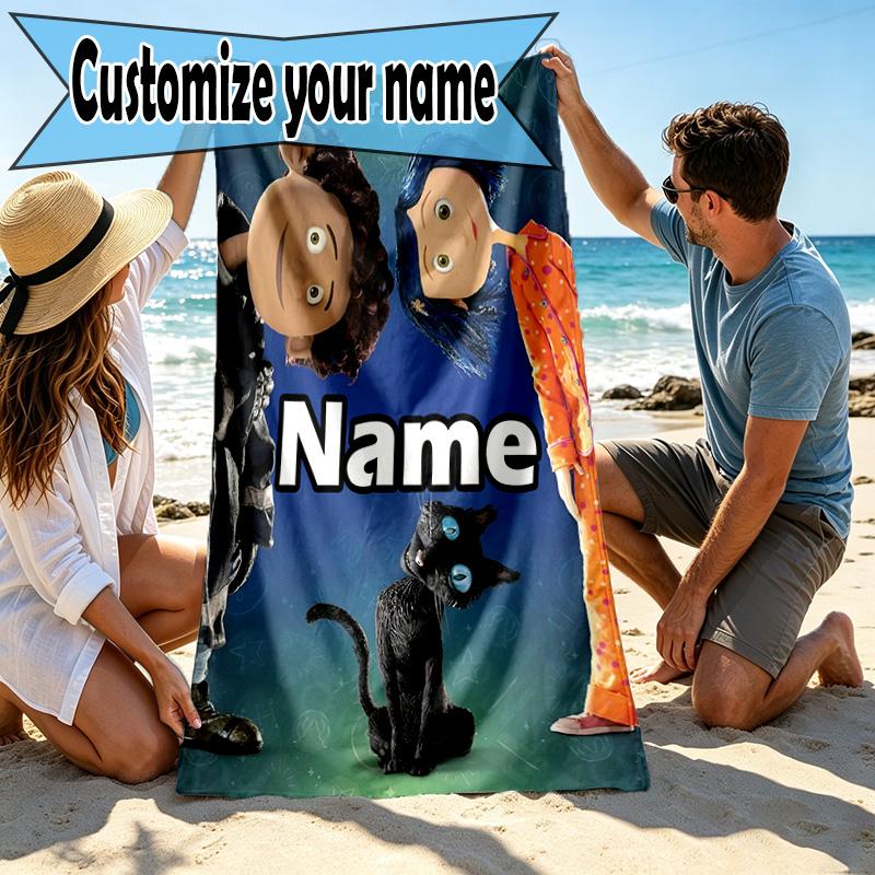 Custom Name Personalized Coraline Print Beach Towel, for Trip Camping Beach Party Home Decor, Birthday Gift for Family & Friends