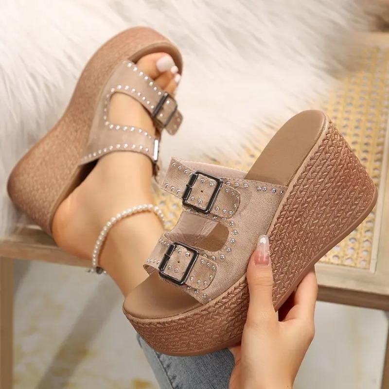 Women's Slippers Fashion Wedges Platform Sandals Retro Rivet Metal Buckle Slippers for Women Summer Open Toe Casual Beach Slides