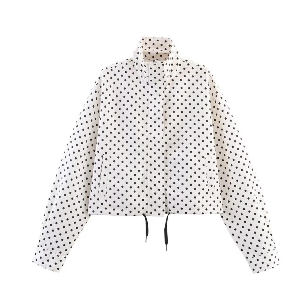 Women's High Neck Long Sleeve Polka Dot Jacket Loose Fit Two Piece Matching Mini Shorts Set Streetwear Spring Outfit