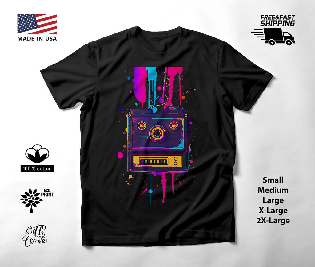 Retro Camera Neon Graphic T-Shirt Black Unisex S-2XL