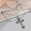 Sweet and Cool Bowknot Choker Unique Crosses Pendant Necklace with Pearls and Bowknot for a Fashion Statement