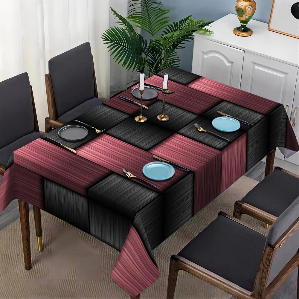 One modern tablecloth for the dining area exudes a trendy vibe. It features a rectangular, durable polyester fabric.