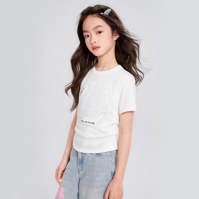 Girls' 100% Cotton Little Swan Cartoon Short Sleeve T-Shirt