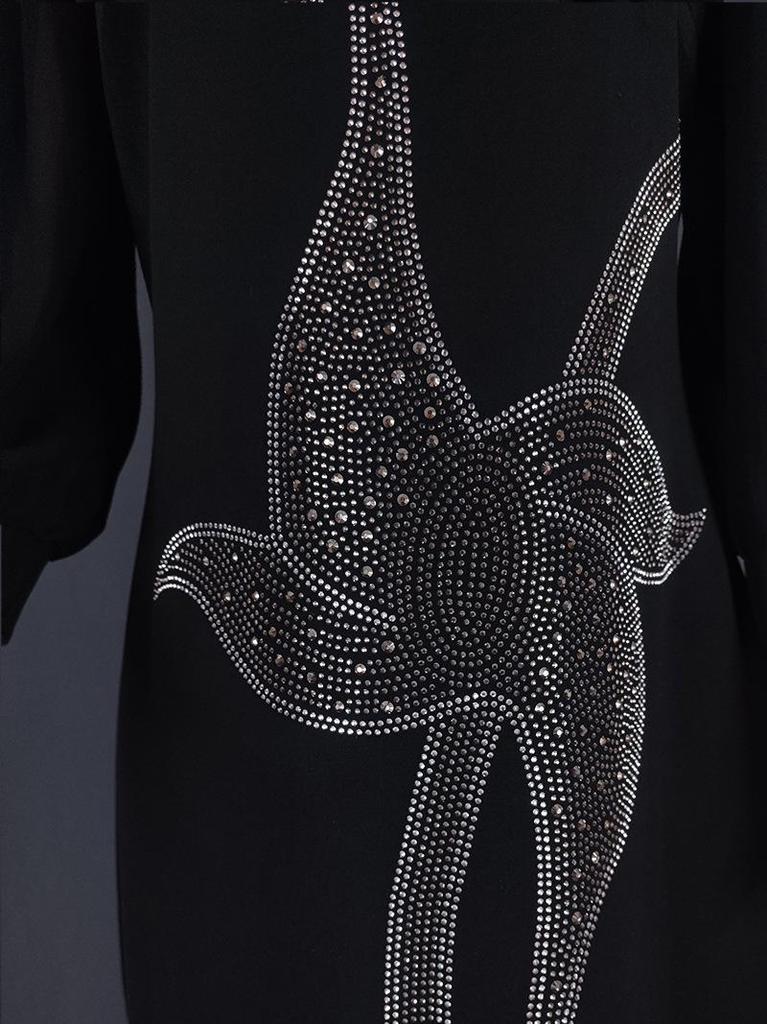 Hotfix Rhinestone Mesh Sleeve Bodycon Dress - Elegant Slim Fit with Sexy Round Neck
