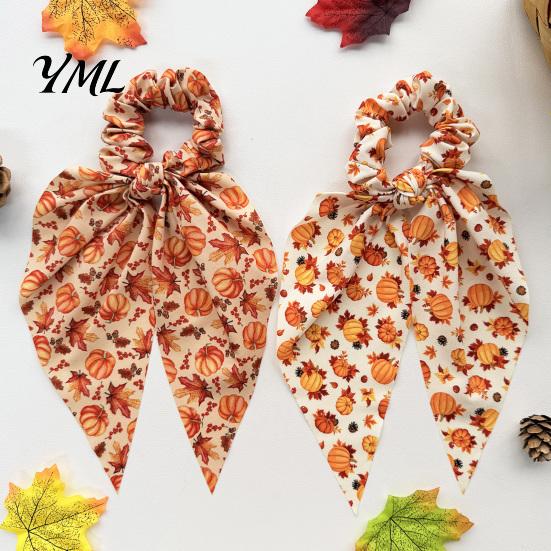 Autumn Theme Hair Ties for Gifts Fall Pumpkin Maple Leaf Tie Women, Bow Knot Ribbon Ponytail Cute Scrunchies Holiday Parties Holder, Soft Fabric