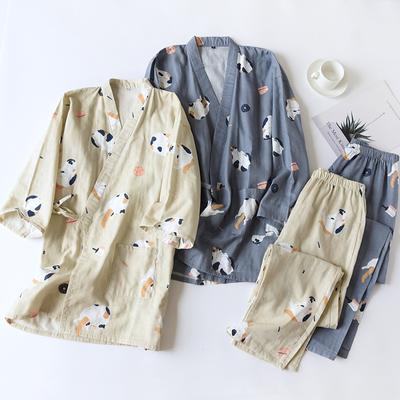 Pijama de Dos Piezas Kimono para Pareja Cubierta Hombres y Mujeres Gasa de Algodón Puro Lindo Gatito Delgado Ropa de Casa Ropa de Dormir