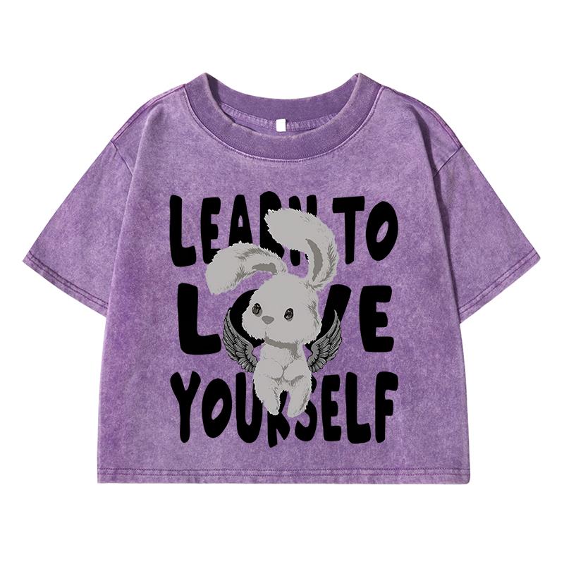 Letter Cute Rabbitprinting Female Washed Short T-Shirt Summer Cool T Shirts Distress Clothes Breathable Soft T-Shirt