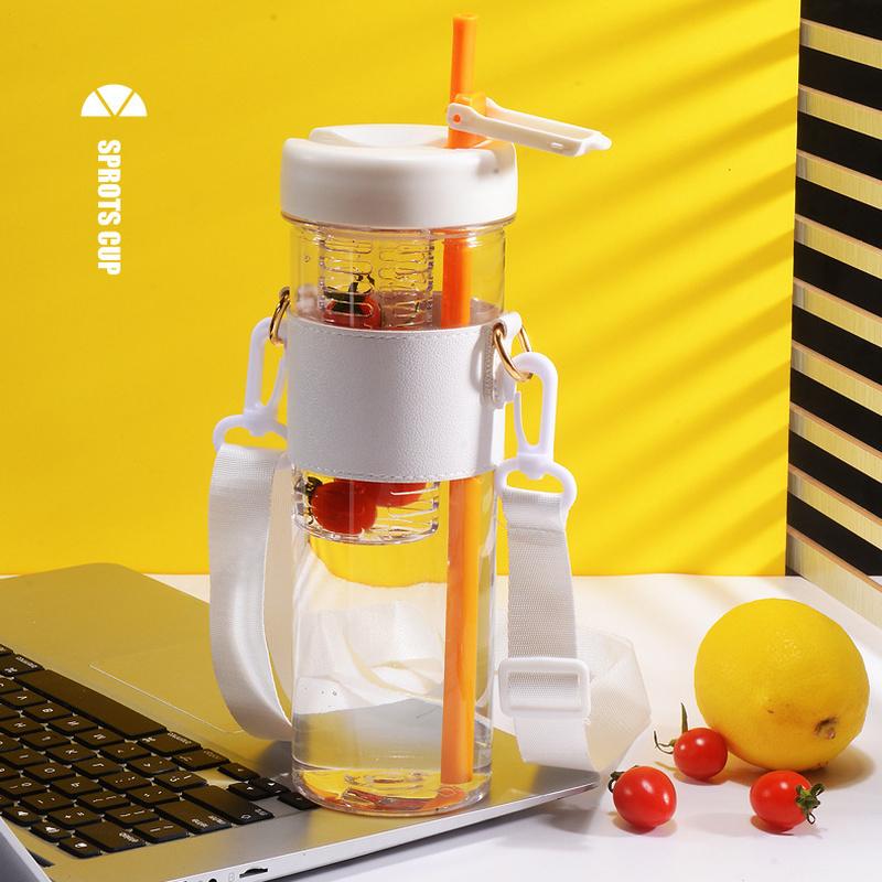 800ml Large Capacity Water Bottles with Strap Dry Wet Separation Fruit Lemon Filter Plastic Drinking Bottle with Straw Outdoor Sports Water Cup