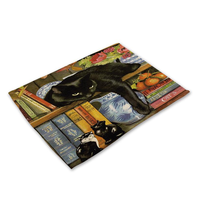 45X30cm Cute Cat Flower Pattern Placemat Dining Table Mats Cotton Linen Drink Coaster Western Pad Cup Mat For Home Decor Gifts