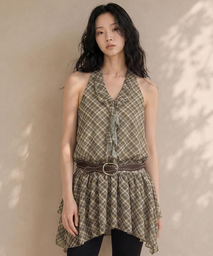 Top Girl Check Frill Halter Mini Dress_T611Ds511