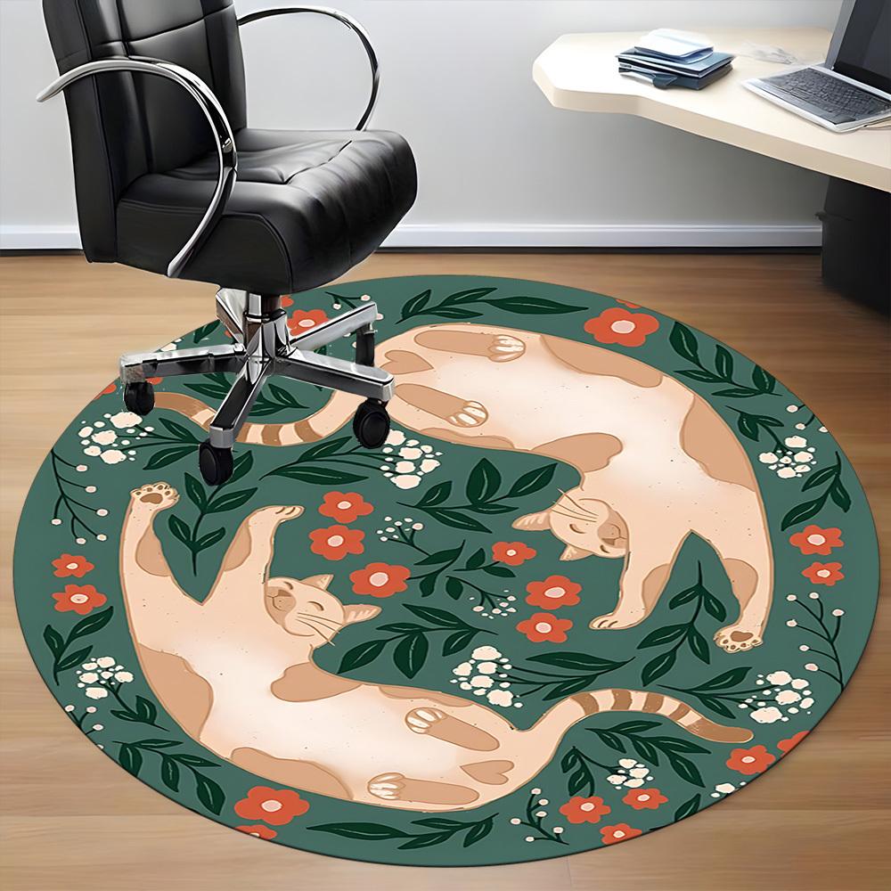 1pc Floral Cats Office Round Area Rug, Mat Suitable For Office, Under Office Chairs Bedroom Living Room Home Decor, Room Deco