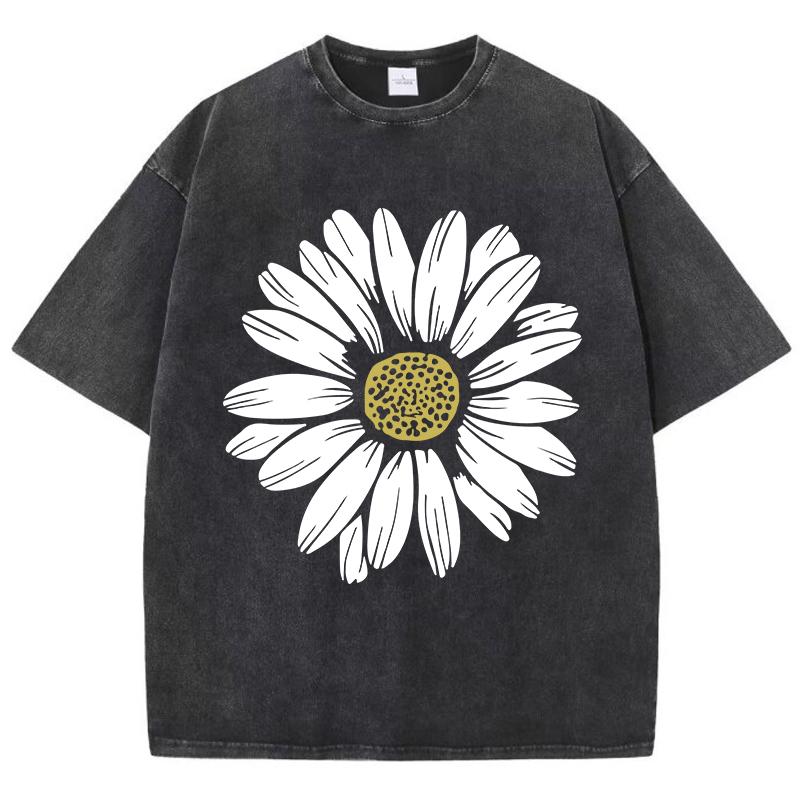 Simple Beautiful Sunflower Prints Washed TShirts Women Cottont Shirts ONeck Oversized Acid Wash Tops Vintage Woman Streetwear