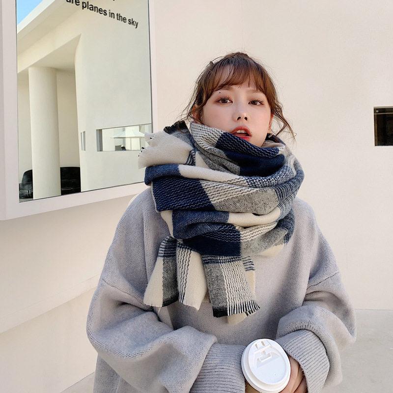 Scarf Women's Winter All Match Japanese Style White Blue Plaid Imitation Cashmere Shawl Student Warm Couple Thickened Scarf