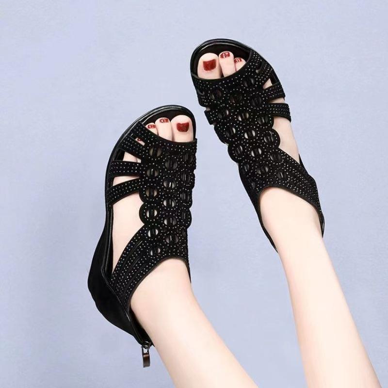 New Style of Wedge Heel Shoes for Moms Water Diamond Fish Mouth Mid-heel Women's Soft-soled Cool Boots