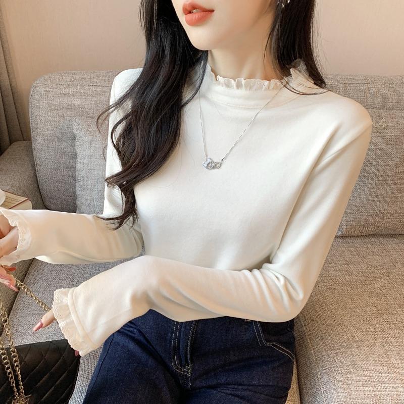 German velvet thermal bottoming shirt women's lace semi-turtleneck top spring temperament long-sleeved T-shirt