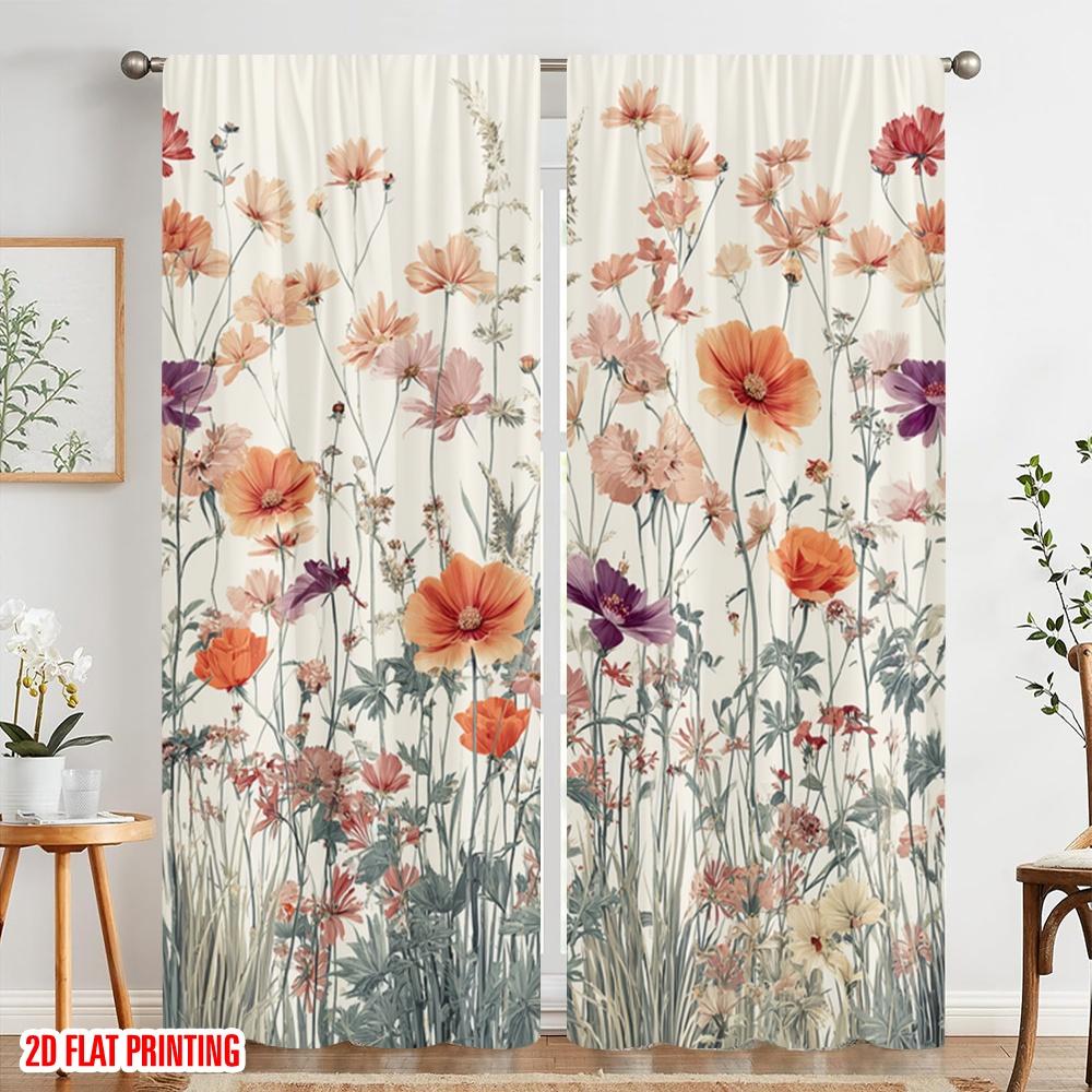 2pcs,2D Plane Printing Pattern Curtains Pastel Wildflower Bouquet Versatile Fabric (without Rod) Art Deco Festive Ldeal for