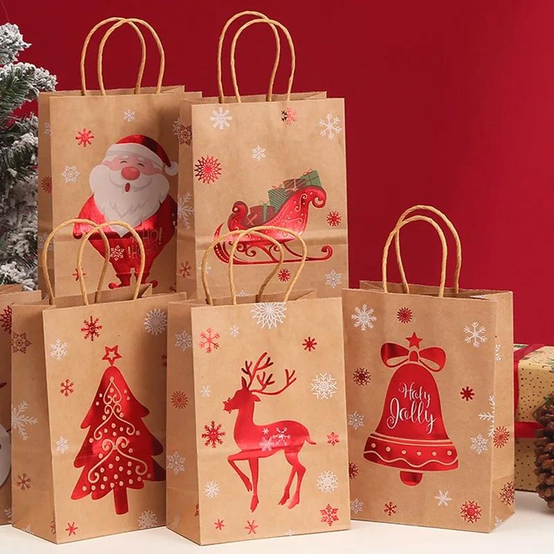 1/30Pcs Christmas Candy Cookie Packaging Treat Pouch Kraft Gift Bags with Handle Party Santa Claus Snowman Decorations Wholesale