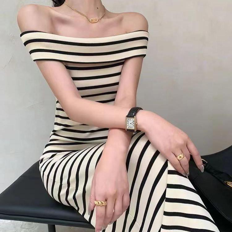 Women's Fashion Summer Spring Stripe Print Sleeveless One Shoulder Slim Casual Dresses