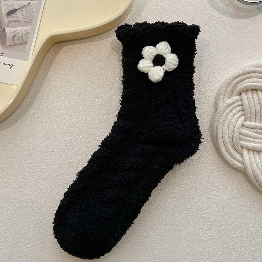 3Pairs Plush Bow Fleece Socks Solid Color Sleeping Socks Women Fashion Coral Fleece Socks  Girls