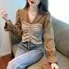 Fake Two-piece Patchwork Striped Shirt for Women's Spring Wear V-neck Drawstring Short Shirt Unique and Chic Top
