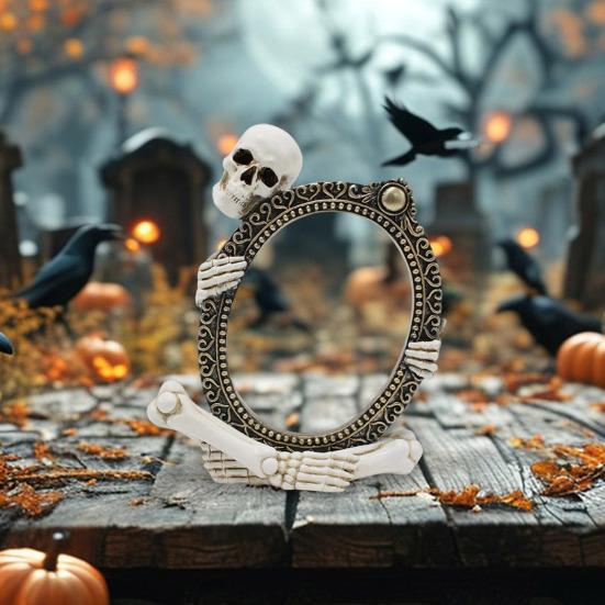 Yousheng Vintage Skeleton Mirror Frame Statue Gothic Halloween Skull Hold Mirror Figurine Resin Skeleton Sculpture for Shelf Mantel Home Office Decor