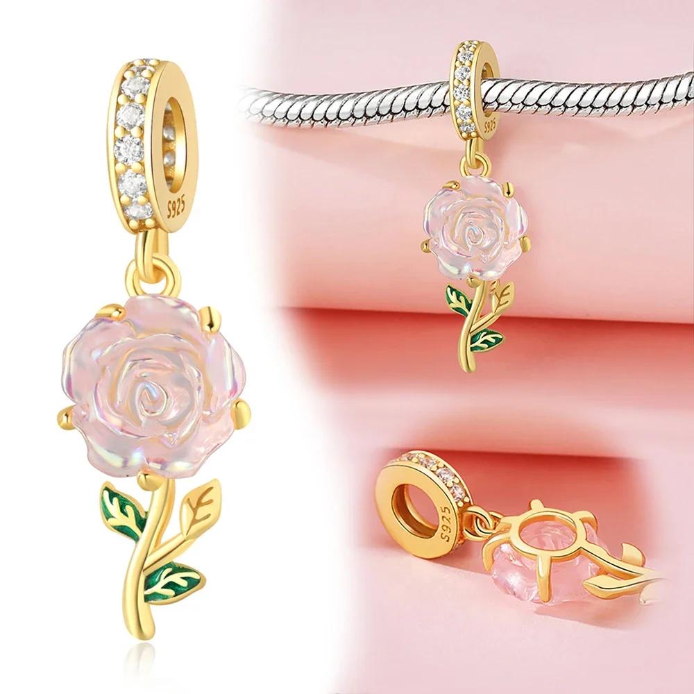 beaded copper Pink Flower Collection Dragonfly Bluebell Flower Twopiece Set Charm Bead Charms for Women Diy Bracelets Jewellery Gift