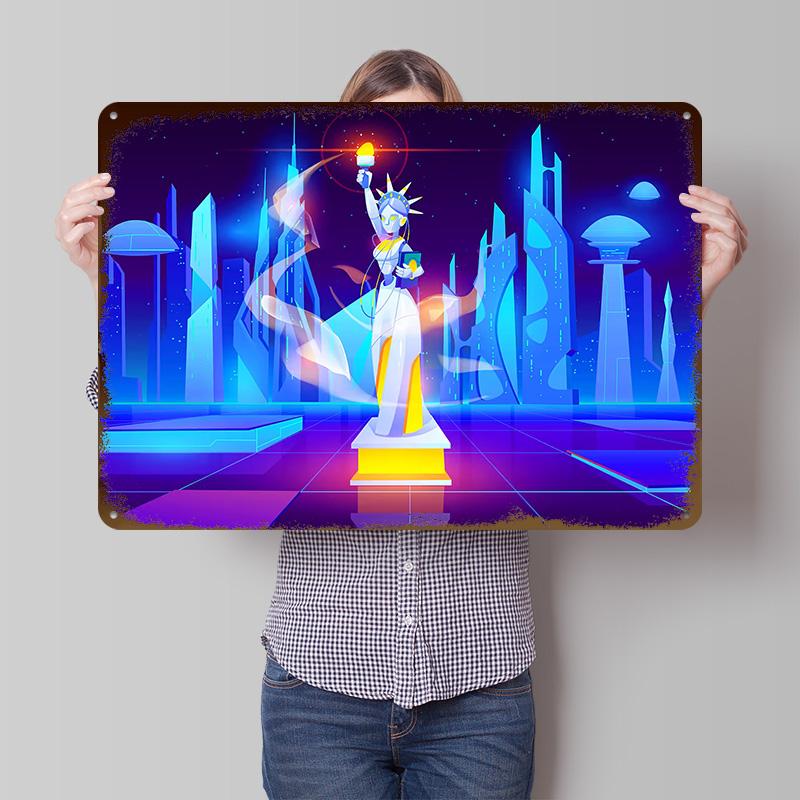 Synthwave Neon City Tinplate Poster Customized Wall Art Retro Vintage Metal Signs for Fans Living Room Decorations Desk Decor