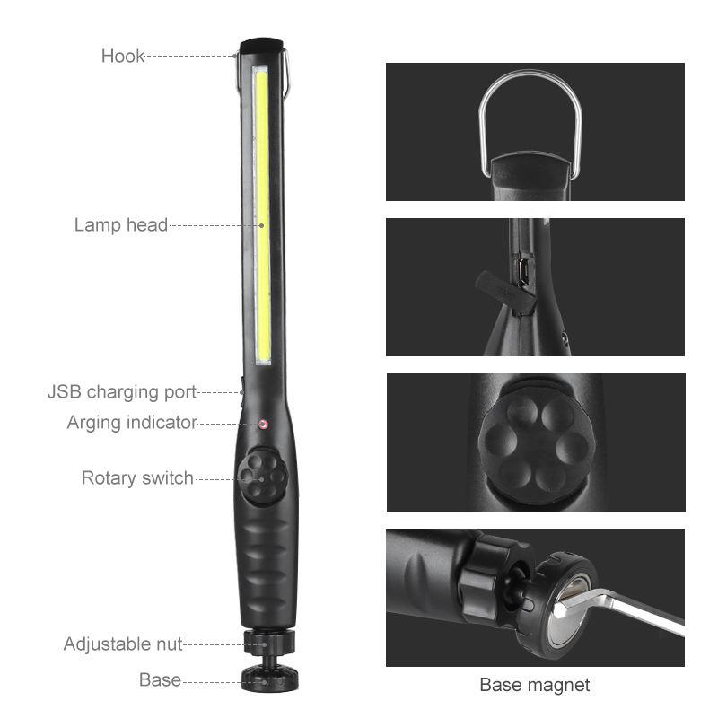 COB Work Light Rechargeable LED Work Lamp With Magnetic Base 360 Rotary Inspection Light For Car Repair Garage Emergency Camping