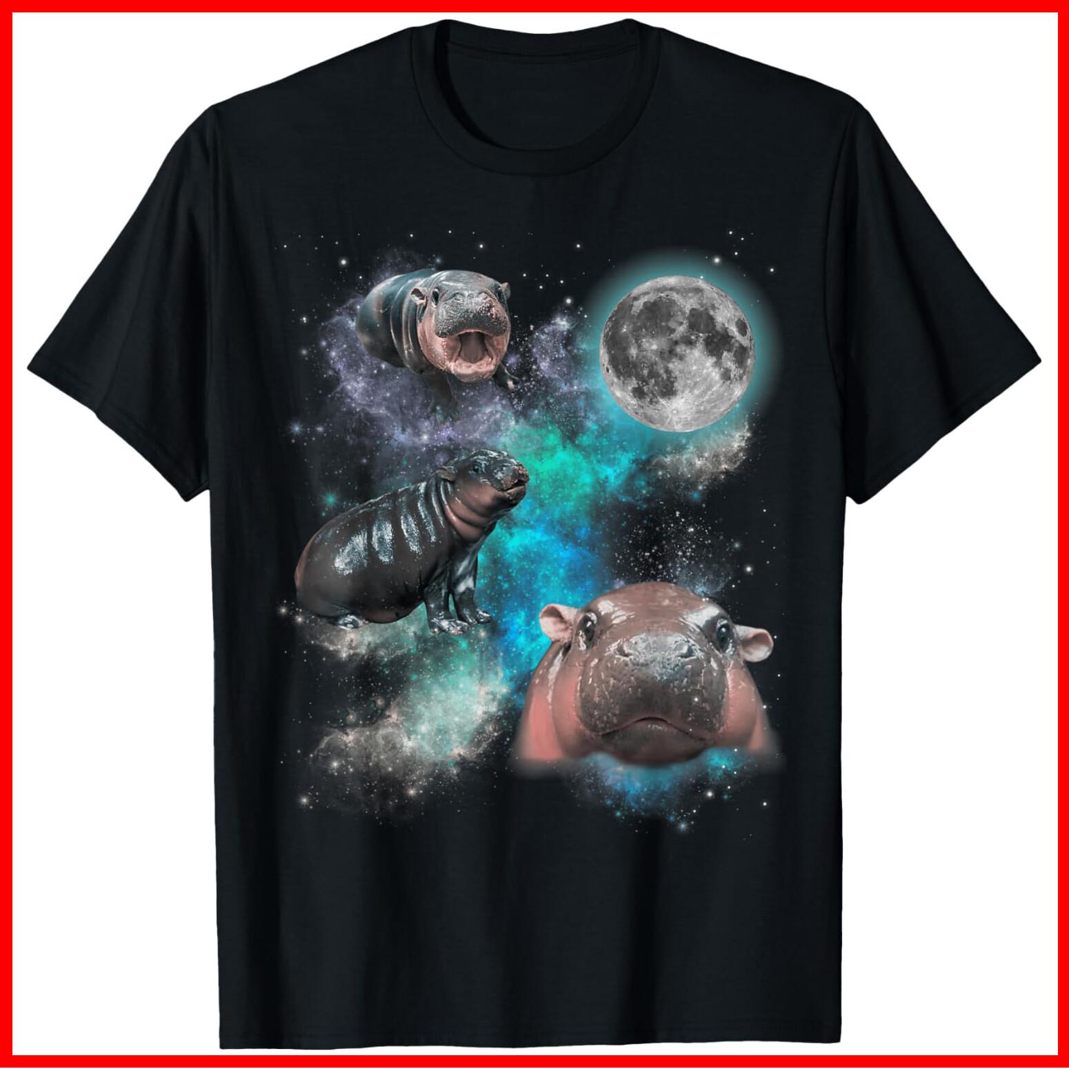 Moo Deng Three Moo Deng Moon Funny Hippo Black Cotton T-Shirt S-5XL XL