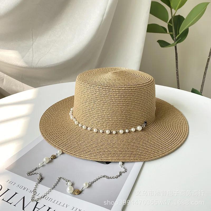 Französischer Vintage Perlenketten Stroh-Boater-Hut Damen Sommer Breiter Rand UV-Schutz Elegante Sonnenblende Verstellbar M 56-58cm beige