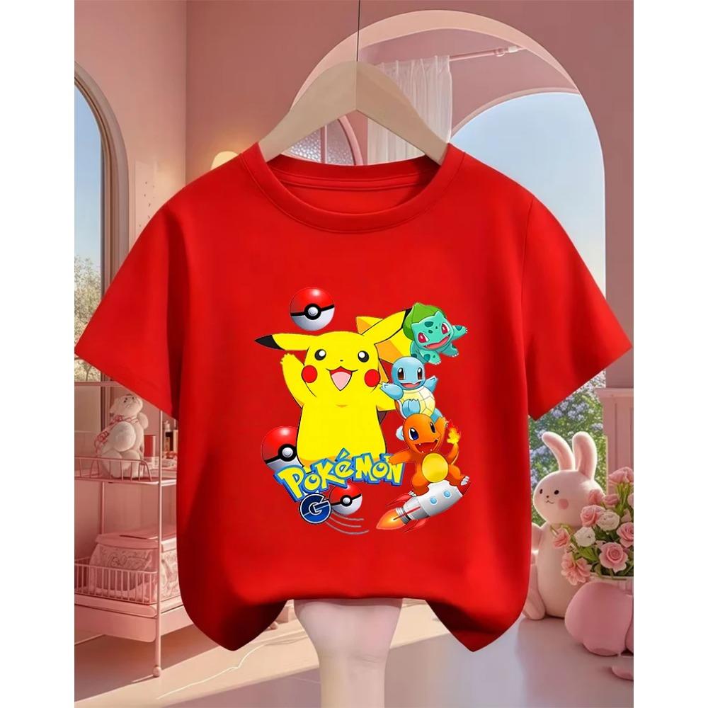 

Cute Pikachu Fashion T Shirt 3-14Y Boys Girls Summer Kawaii Street Hot Cartoon Casual Crew Neck Children 110