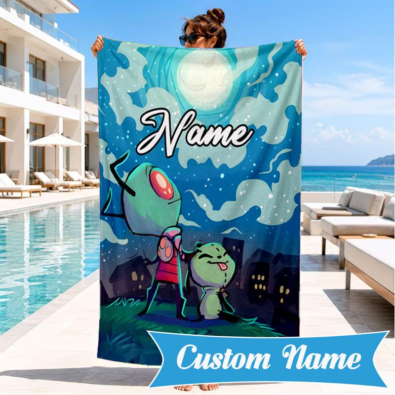 Custom Name Alien Expressions Collection Heart In Space Adventure Microfiber Beach Towel, Lightweight for Summer Travel, Swimming Pool Fan Gift