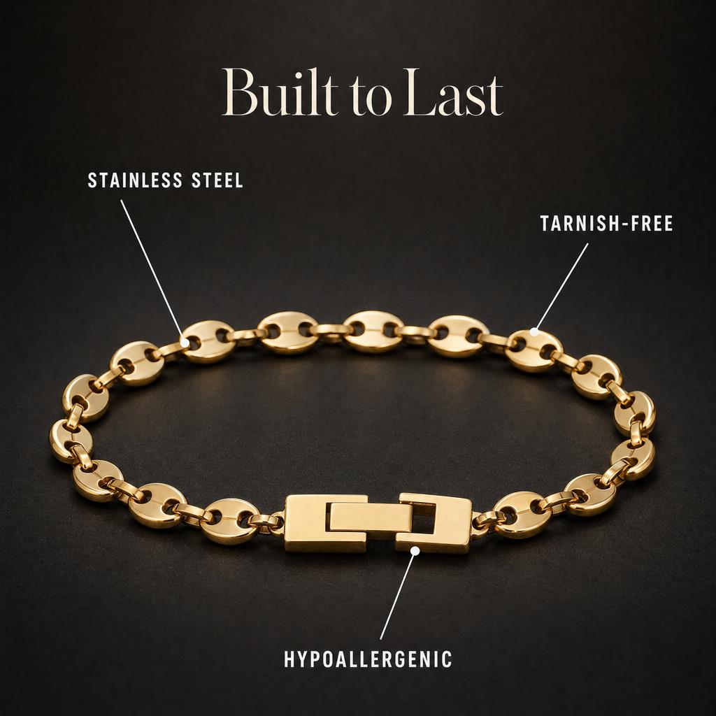 Bracciale da Uomo Donna in Acciaio Inossidabile Maglia Mariner Gonfia Placcato Oro 18K Senza Appannamento Ipoallergenico Catena a Maglie Ovali ad Ancora
