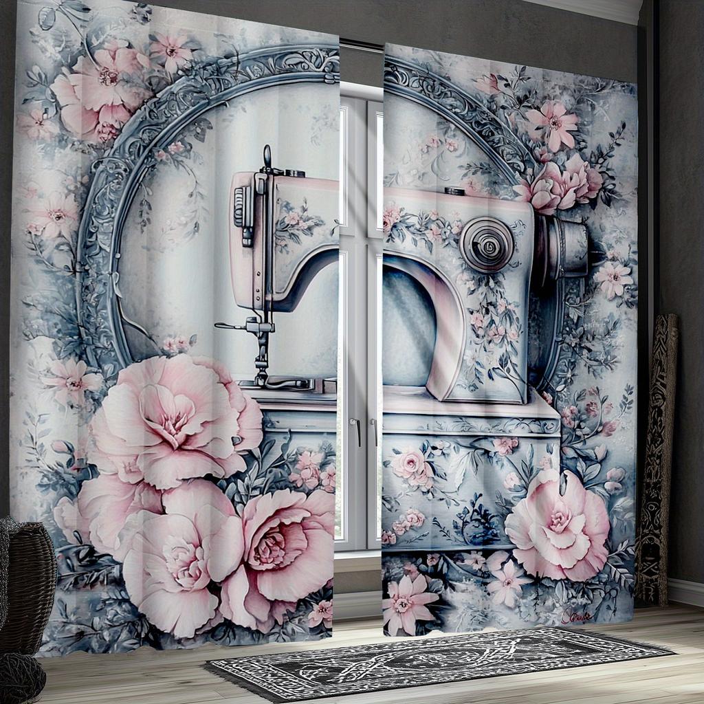 2pcs Vintage Sewing Machine Blackout Curtains   Colorful Floral Print   Rustic Rod Pocket Drapes for Bedroom & Living Room   Semi-T