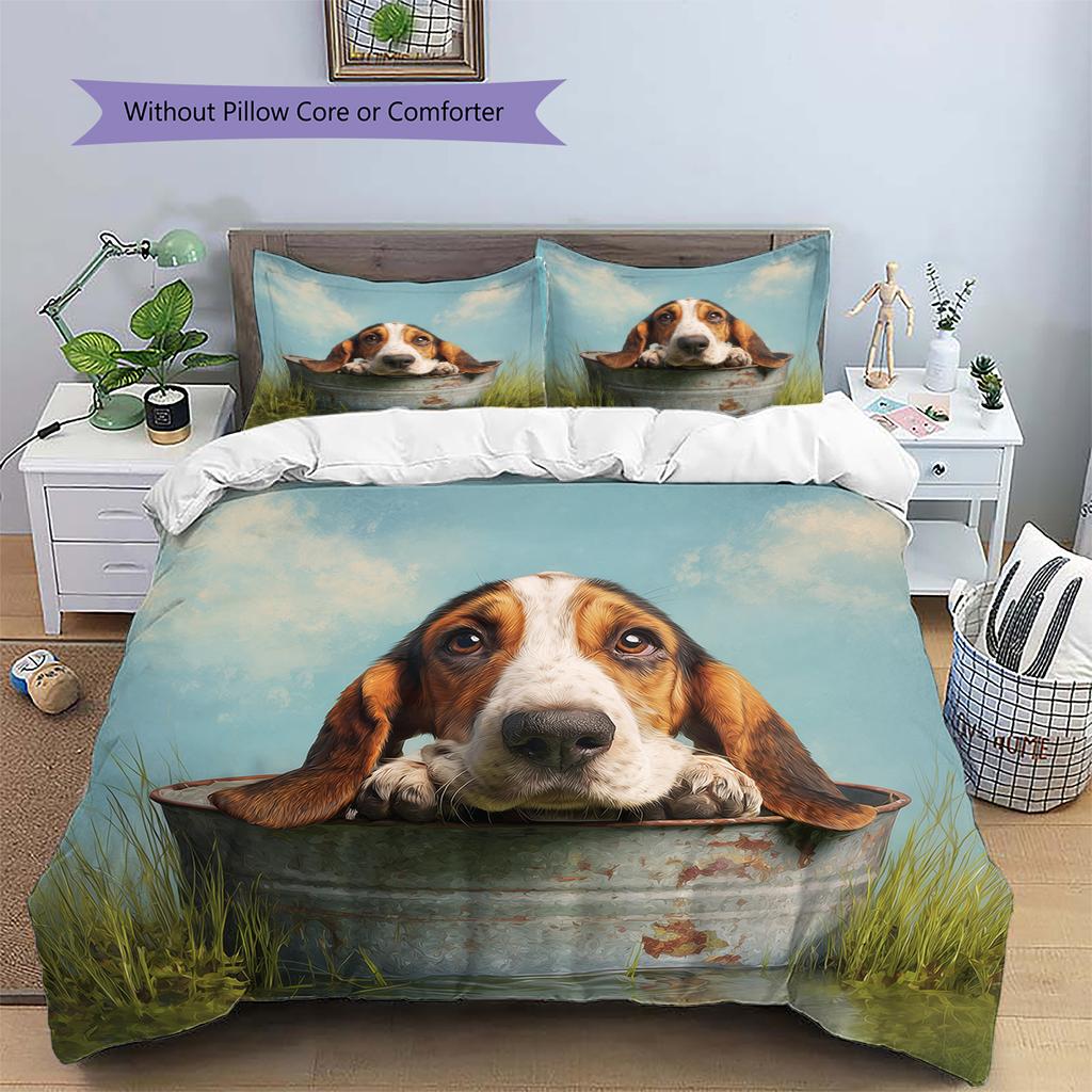 Basset Hound and Grassland Pattern Bedding Home Decoration Birthday Gift (1 * duvet cover + 2 * pillowcase, without core)